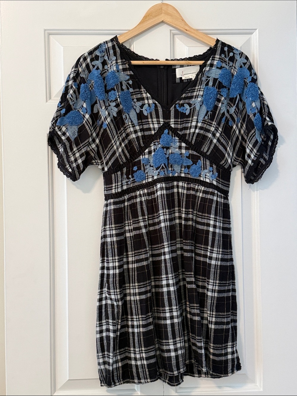 Anthropologie Black and White Plaid Top with Lace Trim